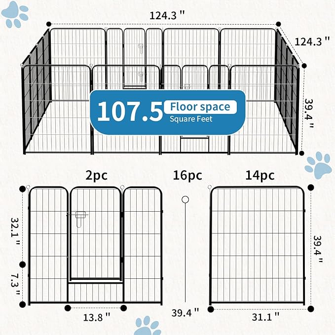 NEWBULIG Dog Playpen 16 Panels 40" Height Foldable Heavy Duty Metal Dog Exercise Playpen Puppy Fence for Indoor Outdoor Yard