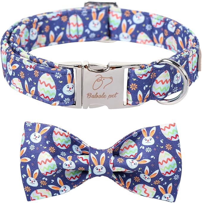 Easter Dog Collar with Bow Tie- Adjustable Easter Bunny Eggs Dog Collar Cute Rabbit Bowtie Metal Buckle Puppy Collars for Small Medium Large Dogs XL