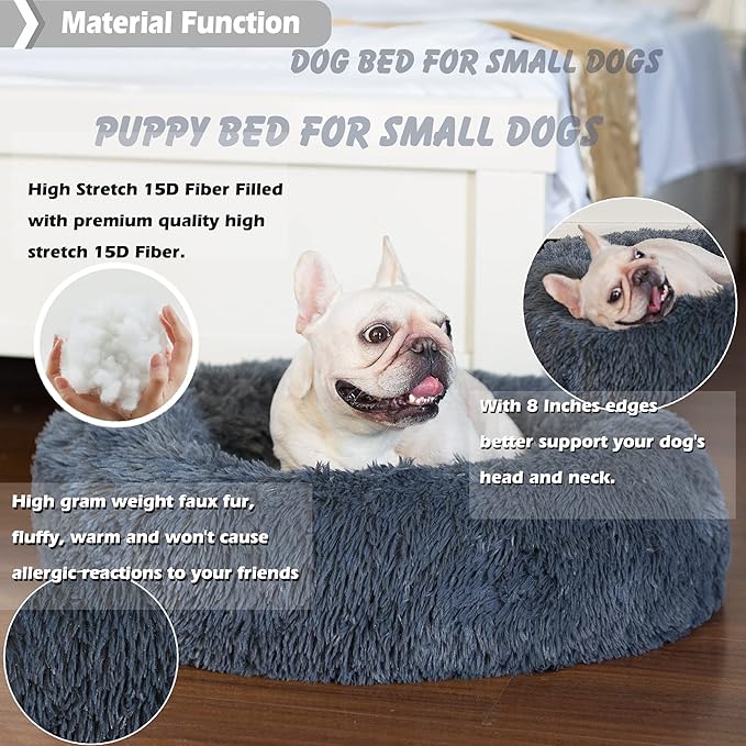 Calming Donut Dogs Beds for Small Dogs Washable,23inch Plush Round Pet Bed for Cozy Sleep,Fluffy Faux Fur Large Cat Bed,Fits up to 25 lbs Pets,Dark Grey