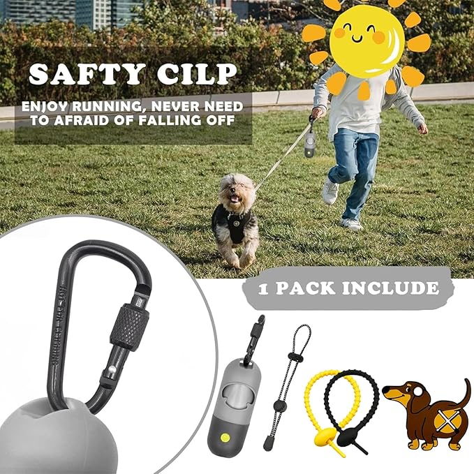 Dog Poop Bag Holder Dispenser with LED Flashlight - Night Visibility for Safe Evening Walks | Upgraded Hands-Free Leash Clip | Includes 15 Dog Waste Bags(Gray)