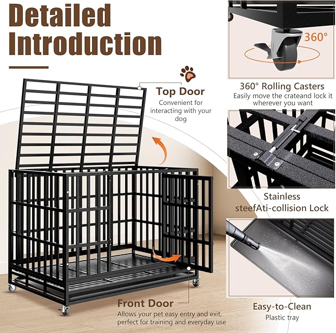 SHUSHIM 48 Inch Heavy Duty Dog Crate Kennel with Wheels, High Anxiety Indestructible Dog Crates for Large Dogs, XL XXL Extra Large Dog Crate with Removable Plastic Tray, Two Locks (Black, Square)