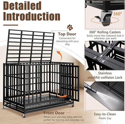 SHUSHIM 48 Inch Heavy Duty Dog Crate Kennel with Wheels, High Anxiety Indestructible Dog Crates for Large Dogs, XL XXL Extra Large Dog Crate with Removable Plastic Tray, Two Locks (Black, Square)