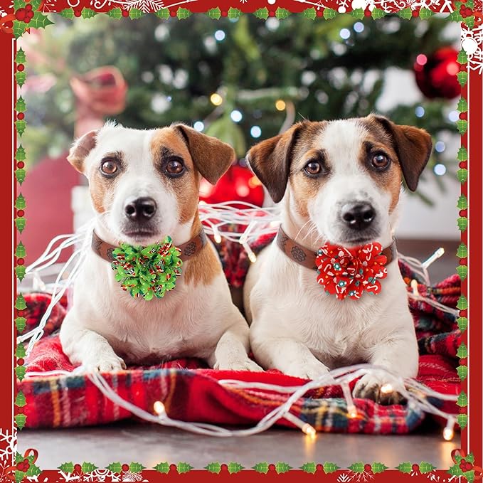 50 Pcs Christmas Dog Collar Flowers Bulk Santa Dog Bow Tie Flower Grooming Charms Accessories for Cat Pets Collar Attachment Embellishment Xmas Party Costume