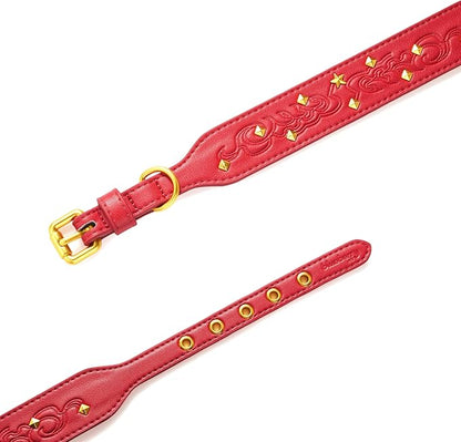 Blueberry Pet Premium Embossed Red Glam Silver-Powered Freshness Microfiber Leather Dog Collar with Gold Studs