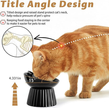 Wellbro Ceramic Raised Cat Bowl，Tilted Raised Bowl Anti Vomit for Indoor Cats Whisker Friendly Pet Feeder for Cats Puppies, Microwave and Dishwasher Safe (Black)