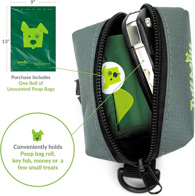 Tuff Mutt Dog Poop Bag Holder with Velcro Attachment - Durable Fabric Poop Bag Dispenser for Leashes - Includes Starter Roll for Easy Cleanup