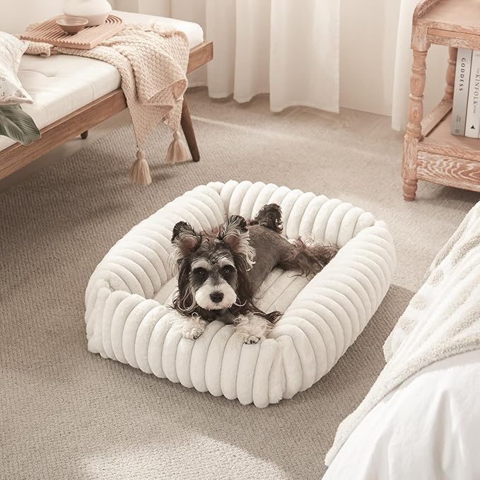 FURTIME Dog Bed for Small Dogs, Washable Orthopedic Dog Bed with Removable Cover, Rectangle Soft Calming Sleeping Puppy Bed Durable Pet Cuddler with Anti-Slip Bottom, Cream, S (20"x19"x6")