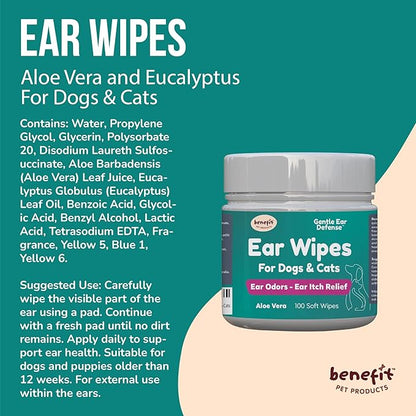 Benefit Pet Products Dog Ear Wipes - Ear Cleaner for Dogs to Prevent Infections, Itching & Odor - Aloe & Eucalyptus, Grooming Wipes - 100 Count