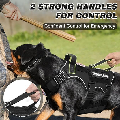 Tactical Service Dog Vest and Leash Set,Heavy Duty Harness with Metal Buckles for Large Dogs,Adjustable No Pull Pet Vest with 10 Patches,for Training Working Hiking,Black L