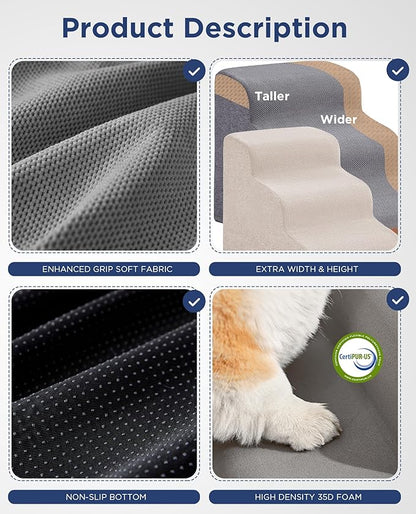 Navy Blue Curved Dog Stairs Ramp for Small Dogs & Cats 17.1" H, 3-Step Dog Steps for Couch Sofa and Chair, Pet Stairs for Cats, Non-Slip Balanced Pet Steps