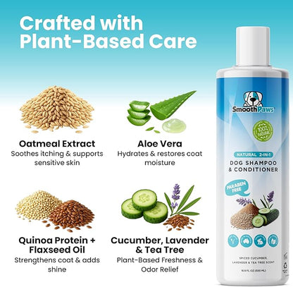 2-in-1 Natural Dog Shampoo & Conditioner – pH-Balanced for Dogs & Puppies | Gentle Oatmeal & Aloe Vera Formula for Sensitive Skin | Spiced Cucumber, Lavender & Tea Tree Scent | 16.9 oz | Smooth Paws