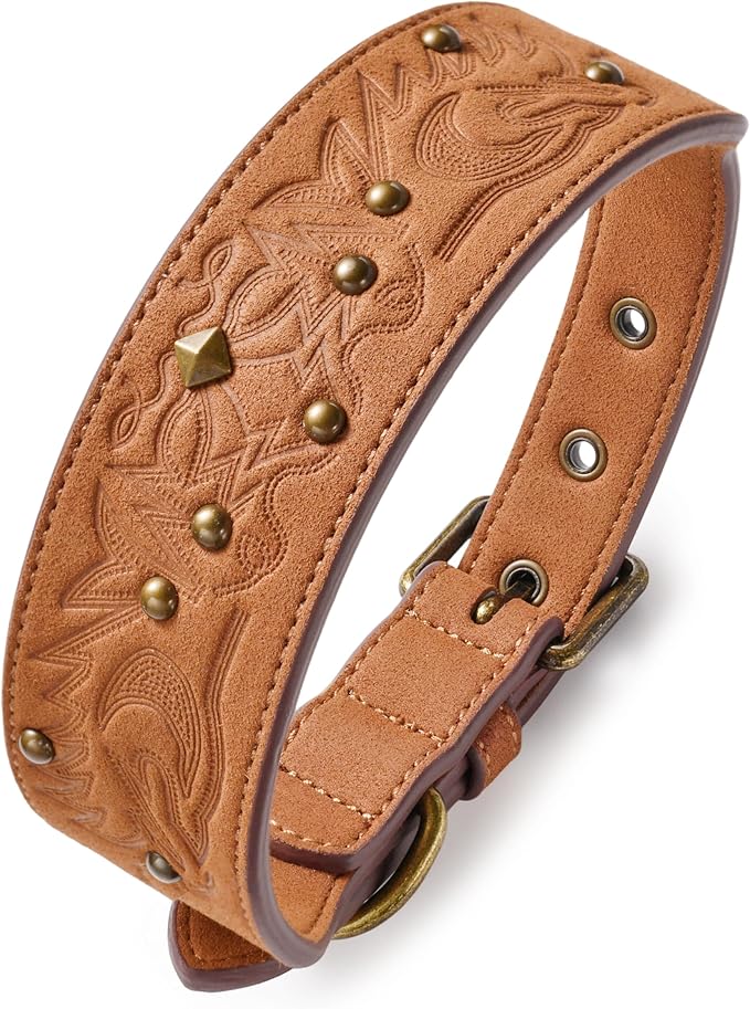 Blueberry Pet Premium Embossed Silver-Powered Freshness Microfiber Suede Leather Dog Collar in Saddle Brown