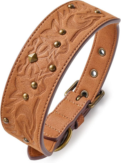 Blueberry Pet Premium Embossed Silver-Powered Freshness Microfiber Suede Leather Dog Collar in Saddle Brown