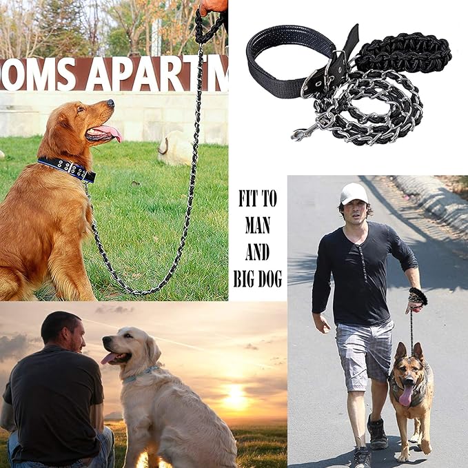 Dog Leash Metal Leashes Chain Rope with Pet Collar Training Walking Leads Heavy Duty Anti Bite 360 Hook for Medium and Large Dogs (Large)