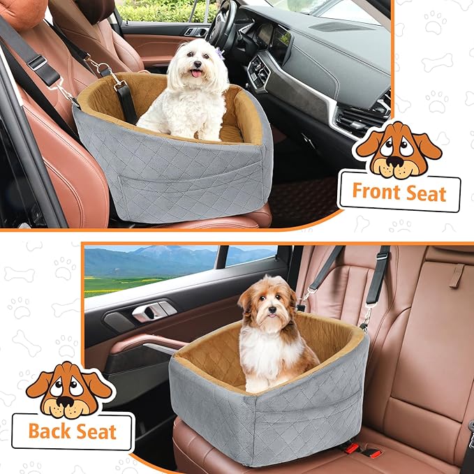 NEEZUKAR Dog Car Seat for Small Medium Dogs,Detachable Washable Dog Booster Seat Under 30lbs, Pet Car Seat Travel Bed with Storage Pockets and Dog Safety Belt(Grey/Brown)