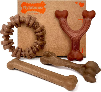 Nylabone Strong Chew Toy 4-Pack Bundle for Dogs Made with Real Bacon, Bison, Venison, Beef, & Chicken, Durable Dog Chew Bones for Aggressive Chewers, Large Dog Toys - Up to 50 lbs, 4 Count