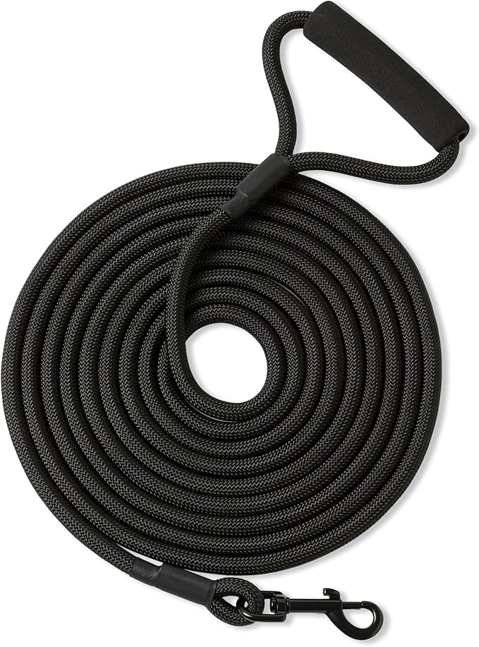 Mile High Life Long Dog Leash, with Comfortable Padded Handle, Black Nylon Rope Leash with Steel Tips, Heavy Duty 15 Feet Pet Leashes (Black,15 Feet)