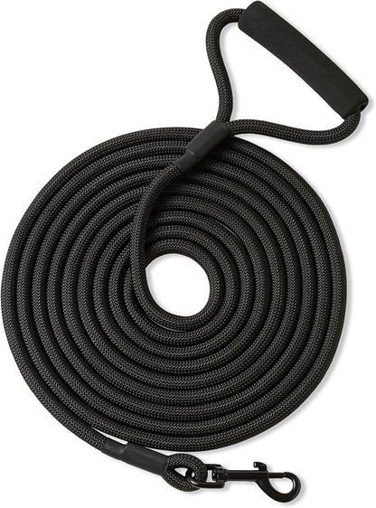 Mile High Life Long Dog Leash, with Comfortable Padded Handle, Black Nylon Rope Leash with Steel Tips, Heavy Duty 15 Feet Pet Leashes (Black,15 Feet)