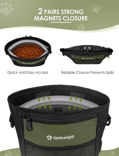 Gobeigo Dog Treat Pouch with Silicone Snack Bag, Front Pocket fits All Phones, 4 Cup Treat Bag with Training Clicker, Upgrade Stronger Magnetic Closure, 3 Ways to Wear Walking Fanny Pack (Army Green)