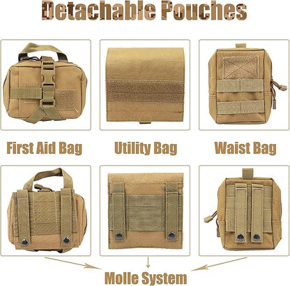 AIWAI Tactical Dog Harness with Pouches,Dog Vest Harness for Large Medium Dogs No-Pull Adjustable Military Dog Harness with Handle Walking Hiking Training (Khaki(with Leash), L)