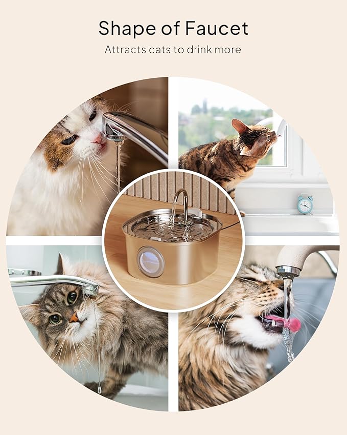 PEKTACO Cat Water Fountain Stainless Steel, 3.2L/108oz Cat Water Dispenser with Quiet Water Pump and Water-Level Window, Dishwasher Safe Pet Drinking Fountain for Cats Indoor with Replacement Filter