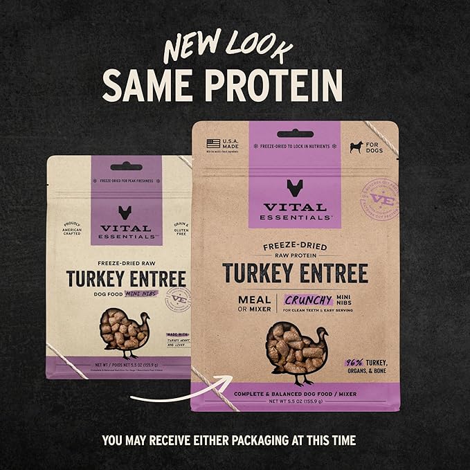 Vital Essentials Freeze-Dried Raw Dog Food, Turkey Crunchy Mini Nibs | Complete Meal or Mixer | High Protein Dog Food | 5.5 oz