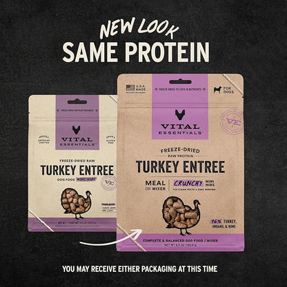 Vital Essentials Freeze-Dried Raw Dog Food, Turkey Crunchy Mini Nibs | Complete Meal or Mixer | High Protein Dog Food | 5.5 oz