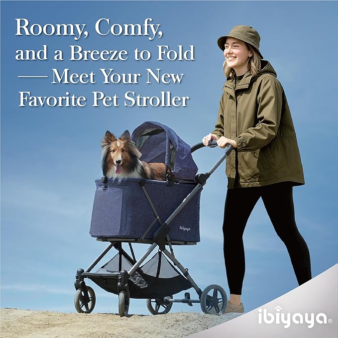 ibiyaya Maxi Deep Carriage Pet Stroller for Cats and Small Dogs – Flat-Free Rubber Wheels, One-Hand Fold, Extra-Tall Cabin (Royal Blue)