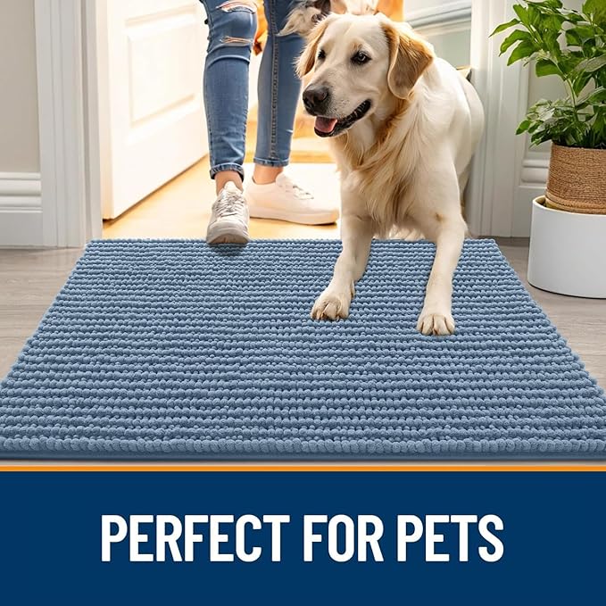 OLANLY Dog Door Mat for Muddy Paws 30x20, Ultra Absorbent Chenille Mud Doormat, Non-Slip Washable and Dirt Trapping Doormat for Indoor Entryway, Quick-Dry Indoor Pet Bed Mats for Dogs, Airy Blue