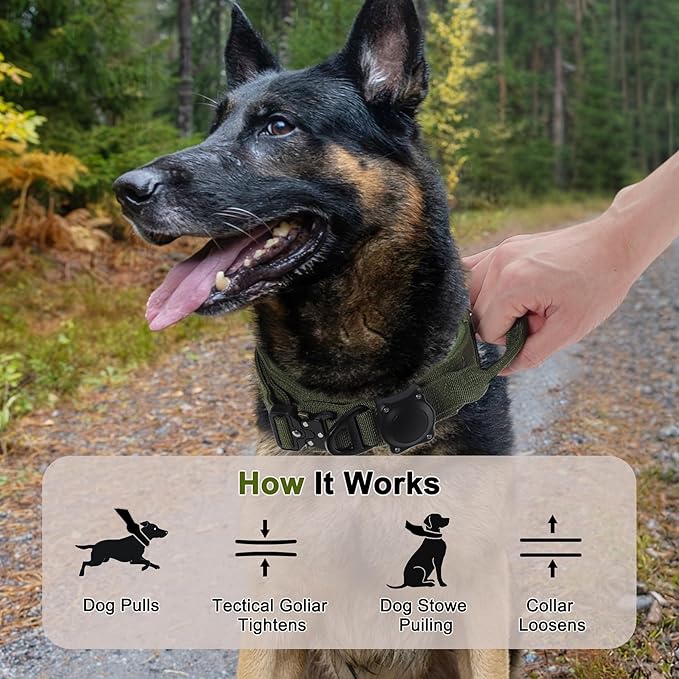 Dog Collar, Waterproof Tactical Dog Collar with Control Handle and Zinc Alloy Buckle, Pet Collar for AirTag, Medium Large Dog, XLarge, Army Green (Includes Screwdriver Accessories)