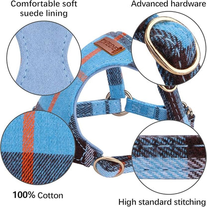CHEDE No Pull Puppy Harness and Multifunction Dog Leash Set- 8 Colors Soft Adjustable No Choke Escape Proof Cute,Lightweight Pet Vest Harness for Small and Medium Dog (XS, Blue Grid)