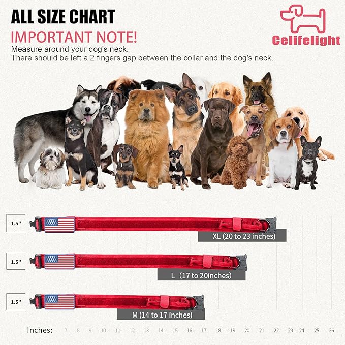 Tactical Dog Collar and Bungee Leash, Military & Leash Set with USA American Flag Adjustable K9 Heavy Duty Metal Buckle Handle, Patches Airtags Case (L, Red(1PCS))