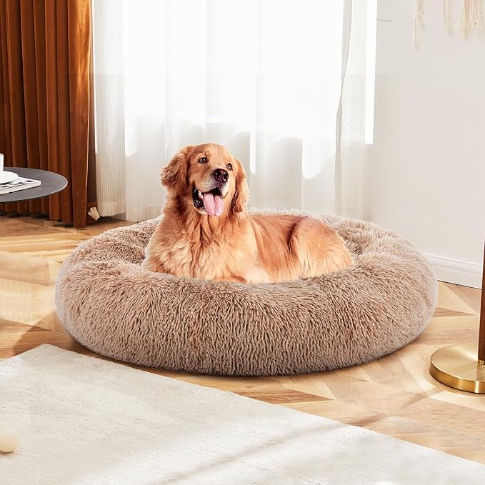 DUMOS 37.4x37.4 Inch Calming Donut Dog Beds for Large Dogs, Machine Washable Cuddler Warming Cozy Fluffy Faux Fur Plush Round Pet Bed Medium Sized Bed for Indoor Dogs and Cats, Brown
