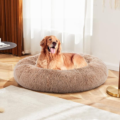 DUMOS 37.4x37.4 Inch Calming Donut Dog Beds for Large Dogs, Machine Washable Cuddler Warming Cozy Fluffy Faux Fur Plush Round Pet Bed, Anti-Slip Bed for Indoor Dogs and Cats, Brown