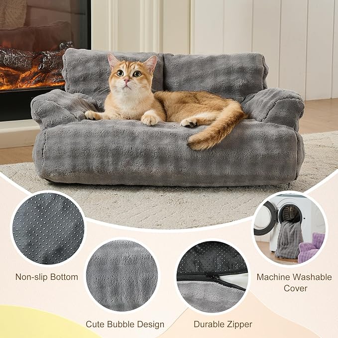 Yaning Cat Couch Bed, Cute Soft Pet Sofa for Indoor Cats Kittens Puppies with Removable Washable Cover, 26"x15", Grey