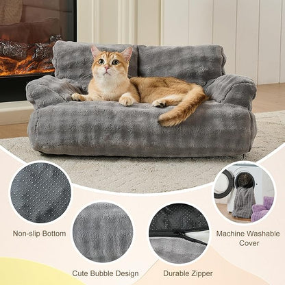 Yaning Cat Couch Bed, Cute Soft Pet Sofa for Indoor Cats Kittens Puppies with Removable Washable Cover, 26"x15", Grey