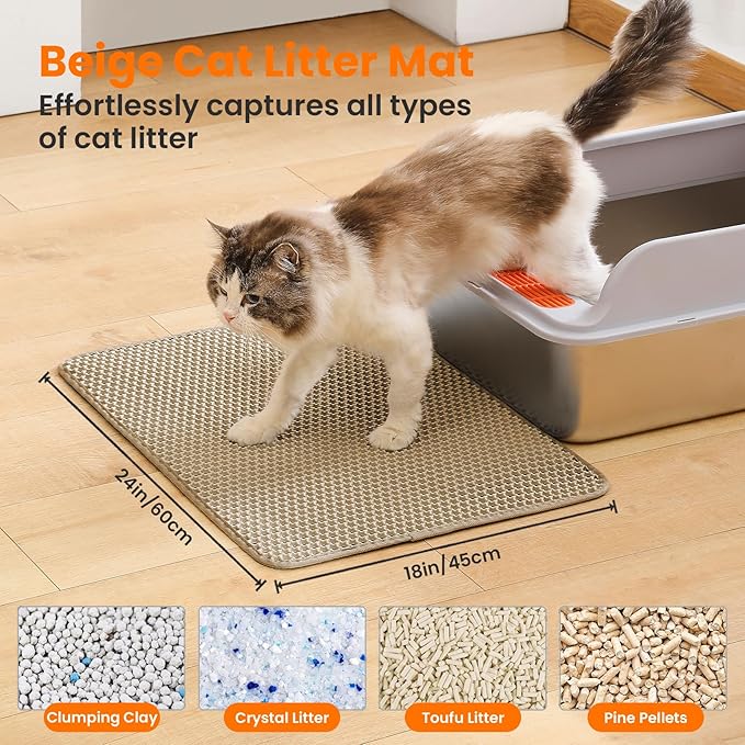 Petinstinct Cat Litter Mat, 24x18 Inches Large Double Layer Honeycomb Cat Litter Trapping Mat, Non Slip Waterproof Urine Proof Cat Litter Box Mat for Floor, Kitty Litter Rug, Cat Supplies, Beige