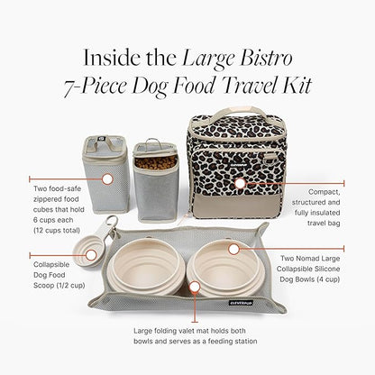 Cleverpup, Large 7-Piece Bistro Box Dog Food Travel Kit, 12-Cup Kibble Storage, 2 Silicone Bowls, Mat & Scoop - Premium Portable Pet Food Kit for Weekends, Overnights, Daycare & Camping, Leopard