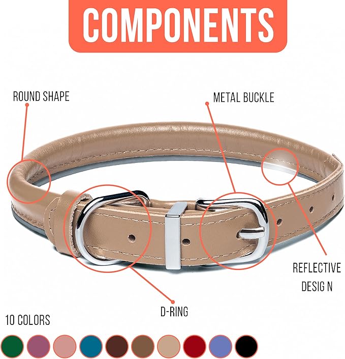 OOPSDOGGY Rolled Leather Dog Collar Reflective Roll Collars for Small Medium Large Dogs Puppy (Beige, XXS, 7''- 9'')