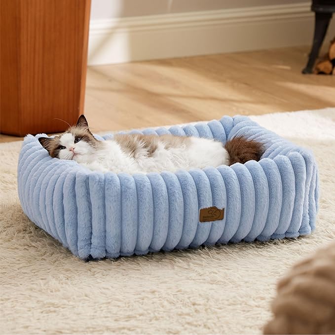 Bedsure ComfyFleece Washable Dog Bed for Medium Dogs - Cute Furry Puppy Beds, Rectangle Orthopedic Corduroy Fleece Pet Beds with Removable Zipper Cover, 20x19x6inches, Blue