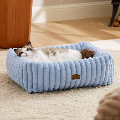 Bedsure ComfyFleece Washable Dog Bed for Medium Dogs - Cute Furry Puppy Beds, Rectangle Orthopedic Corduroy Fleece Pet Beds with Removable Zipper Cover, 20x19x6inches, Blue