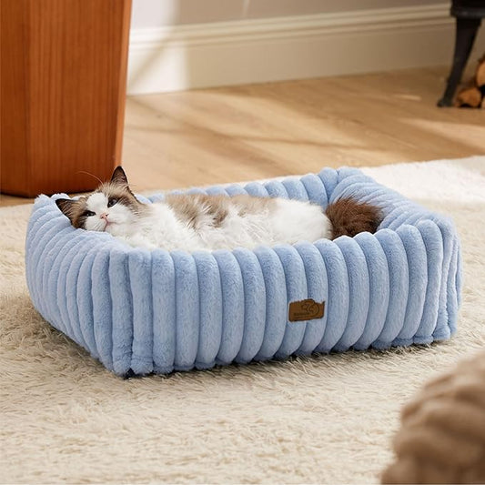 Bedsure ComfyFleece Washable Dog Bed for Medium Dogs - Cute Furry Puppy Beds, Rectangle Orthopedic Corduroy Fleece Pet Beds with Removable Zipper Cover, 20x19x6inches, Blue