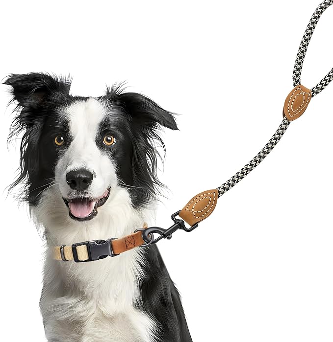 Mile High Life Short Leash for Large Dogs, Short Dog Rope Leash with Heavy Duty Metal Sturdy Clasp, Genuine Leather Tailored Connection(Black Khaki, 18 Inch)