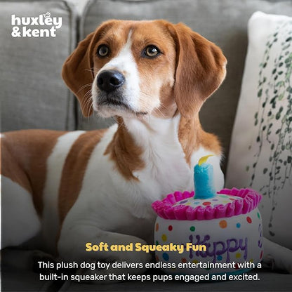 Huxley & Kent Funny Dog Toy w/Squeaker – Power Plush Squeaky Dog Toys for Small, Medium & Large Dogs – Soft Stuffed Animal for Indoor Play & Fetch - Happy Barkday Cake, Large