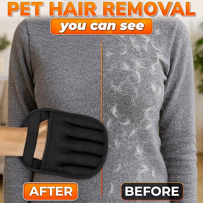 Pet Hair Removal Glove – Electrostatic Five-Finger Fur Remover for Cats & Dogs, Reusable Polyester Glove 9.25"x6.69" for Couch, Carpet, Car Seat, Furniture & Clothing, Great as Cat Mom Gifts