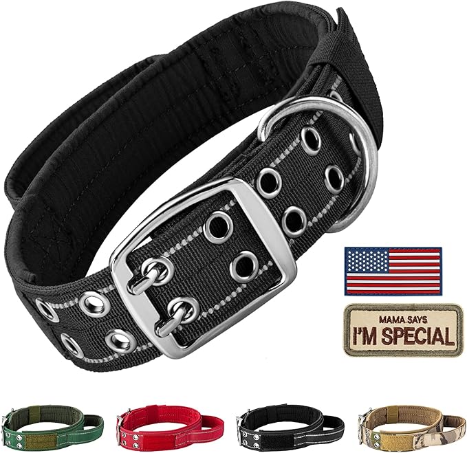 Annchwool Tactical Dog Collar for Medium and Large Dog,Adjustable Military Dog Collar with Soft Padded Handle,Heavy Duty Double Buckle Design(Black,M)