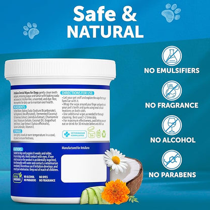 Dog Teeth Cleaning Wipes - 50 Dog Dental Care Finger Wipes - Finger Toothbrush for Removing Plaque, Tartar Buildup, Bad Breath - Oral Freshness, Healthy Teeth & Gum Support with Coconut Oil, Unscented