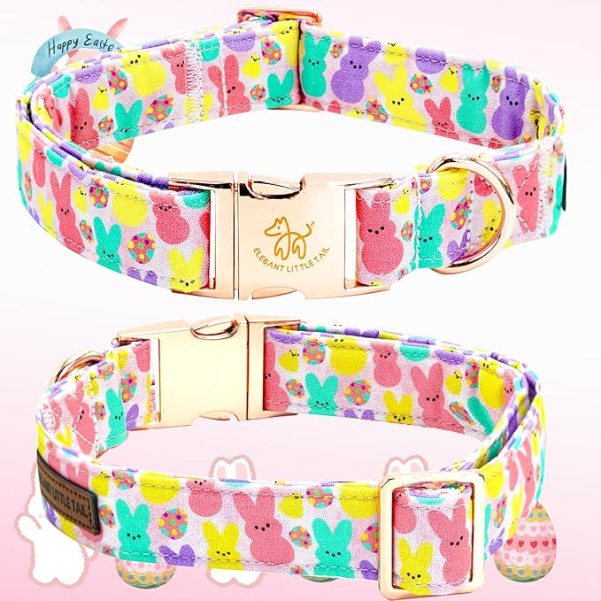 Elegant little tail Easter Dog Collar, Bunny Print Pet Collar Durable Cotton Dog Collars Girl or Boy Metal Collars Holiday Pet Gift Adjustable Dog Collar for Medium Dogs
