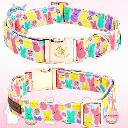 Elegant little tail Easter Dog Collar, Bunny Print Pet Collar Durable Cotton Dog Collars Girl or Boy Metal Collars Holiday Pet Gift Adjustable Dog Collar for Medium Dogs