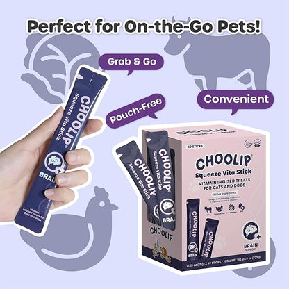 Choolip Squeeze Vita Stick Lickable Cat and Dog Treats, 49-Count Brain Support Variety Pack, Chicken and Tuna with DHA, CoQ10 and Vitamin E